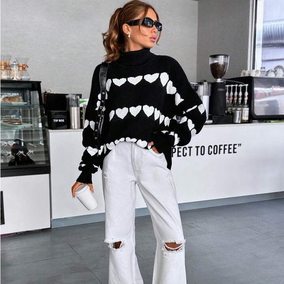 LOVE LINES Cozy Black + White Ribbed Relaxed Fit Turtleneck Sweater S M L - Picture 5 of 7
